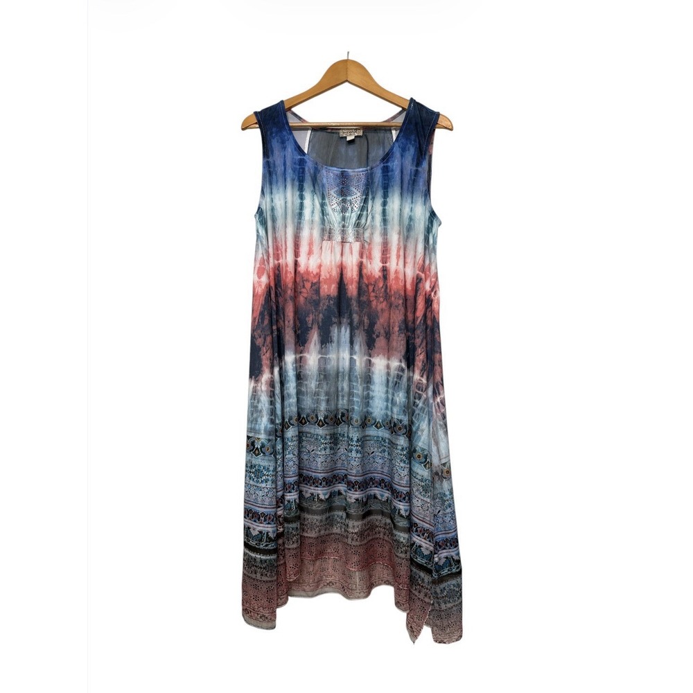 One World Sleeveless Dress Boho Multicolor Lightweight Stretchy Rhinestones M/L